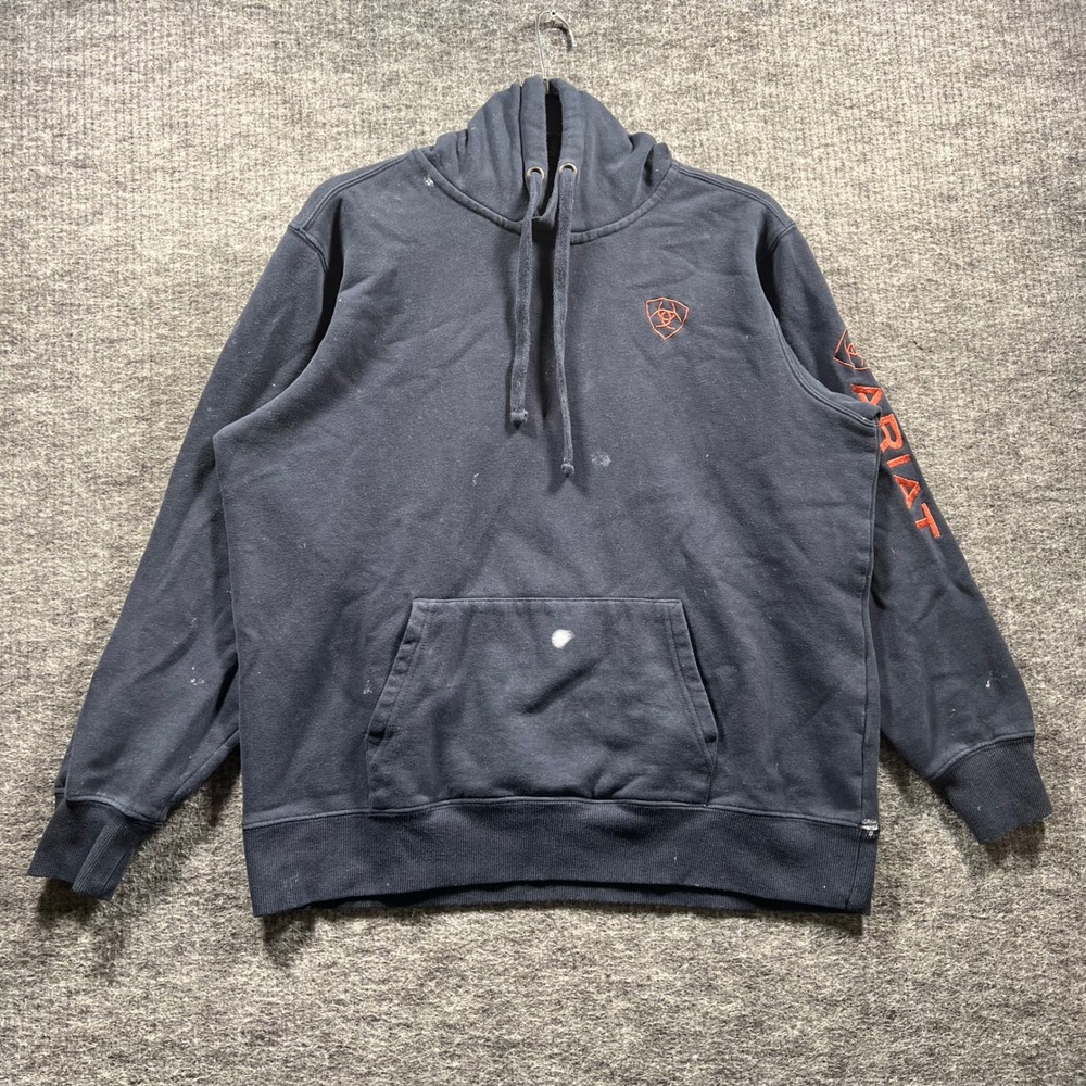 Ariat Mens Hoodie Large Navy Blue Orange Logo Sleeve Pullover Sweatshirt